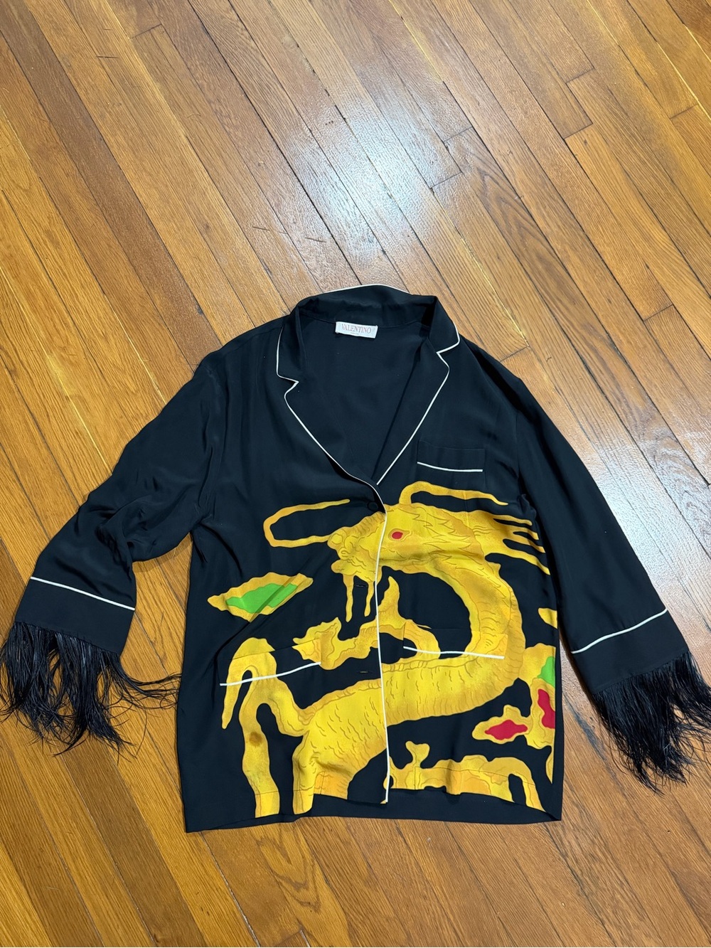 VALENTINO GARAVANI Dragon-Print Feather Trim Silk Pajama Top